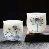 MULTIPOTENT主人杯功夫茶具羊脂玉品茗杯茶杯手绘描金青莲倚云杯(2个装)