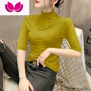 七斓半高领中袖T恤女2023年新款早秋百搭五分袖上衣秋季内搭打底衫潮