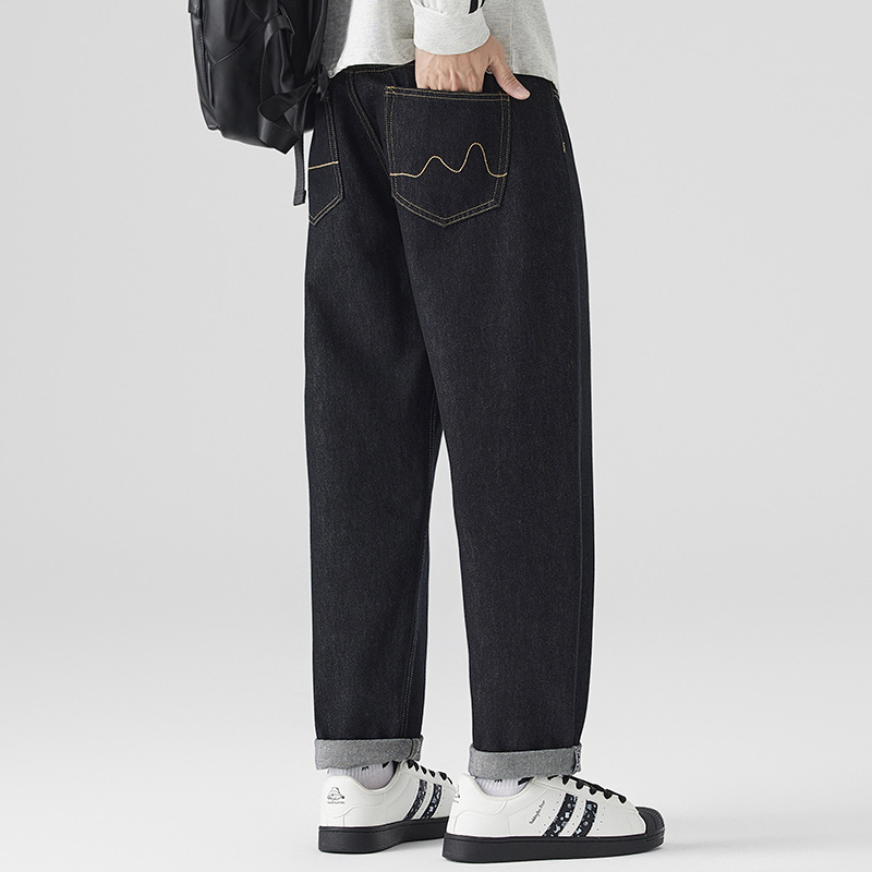 潮牌明线黑丹宁牛仔裤男士宽松锥形老爹裤2026春秋复古直筒长裤
