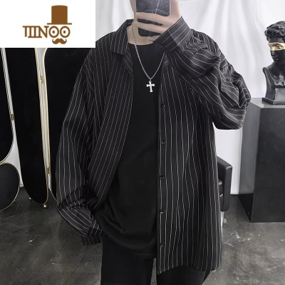 YANXU大码300斤港风休闲条纹长袖衬衫男装cityboy宽松衬衣潮流正肩外套