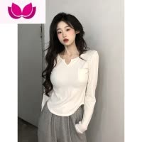 七斓polo领纯欲风短款长袖T恤女春季新款辣妹设计感修身白色打底上衣