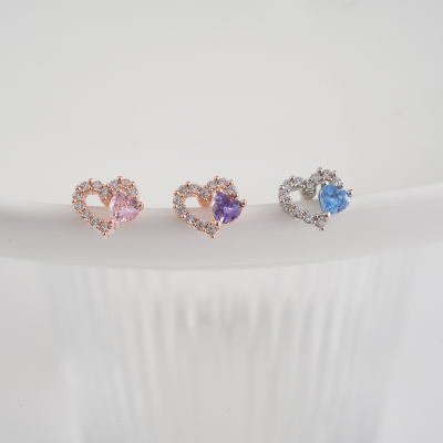 微镶满钻爱心缕空设计感韩国直送耳骨钉耳蜗钉钛钢杆螺丝堵新款送女朋友老婆情人节七夕生日礼物