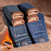 加绒加厚牛仔裤男秋冬款式修身直筒裤弹力百搭潮流休闲长裤子