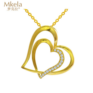 梦克拉  18K金群镶钻石吊坠 心形 桃心 金色双心项链心形吊坠 恋语