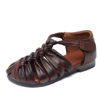 头层牛皮复古镂空凉鞋女2025夏季新款牛筋软底舒适休闲妈妈鞋