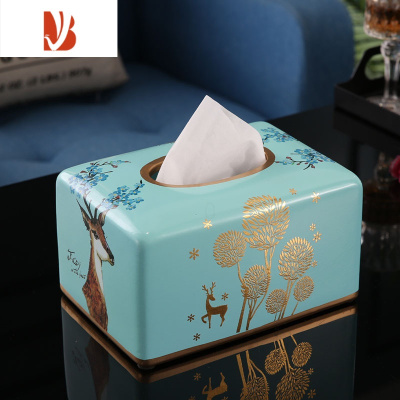 三维工匠欧式抽纸盒办公室茶几摆件高级感陶瓷纸巾盒客厅轻奢纸抽盒 蓝色方形款(送底板)