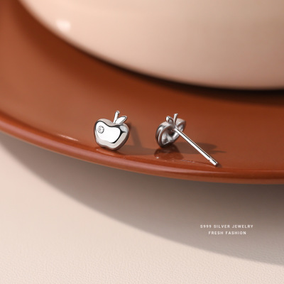 创意小苹果耳钉999纯银镀白金清新甜美风亮面镶钻耳环送女朋友老婆情人节七夕生日礼物