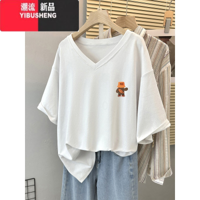 YIBUSHENG短袖t恤女季2024新款胖mm大码女装设计感小众宽松显瘦V领上衣服