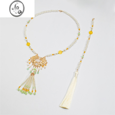 JiMi[春未眠]汉服长璎珞背云流苏平安锁项链黄色晚明风宫廷配饰女