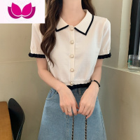 七斓黑色冰丝短袖t恤女2023夏季短款小香风半袖针织衫设计感别致上衣