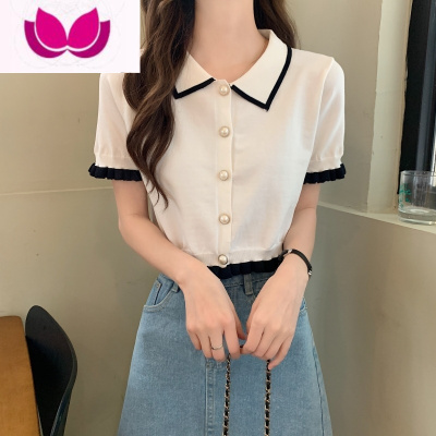 七斓黑色冰丝短袖t恤女2023夏季短款小香风半袖针织衫设计感别致上衣