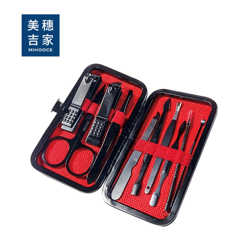 美穗吉家 指甲剪11件套"产品材质:不锈钢 产品清单:弧口指甲剪,斜口指甲剪,眉剪,眉夹,粉刺针,死皮推,挖耳器,刮刀,