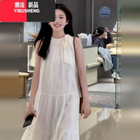 YIBUSHENG法式白色挂脖无袖连衣裙2024新款季小个子海边度假沙滩长裙仙女