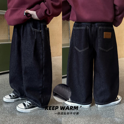 童酷男童冬款百搭后袋贴标宝宝休闲裤一体绒保暖儿童牛仔裤潮