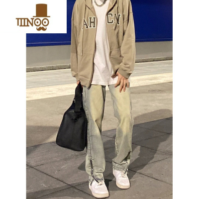 YANXU黄泥然做旧牛仔裤子男美式高街ins潮流直筒阔腿拉链vibe设计长裤