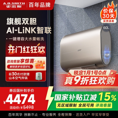 史密斯60升电热水器 家用 双胆扁桶 纤薄黑科技 大屏触控 双擎速热 E60HGDWi一级能效 储水式