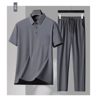 男士轻商务夏季休闲套装无痕冰丝POLO衫中年裤两件套运动