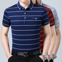 男士短袖T恤衫 夏季中年时尚休闲条纹翻领T恤中老年汗衫含棉体恤