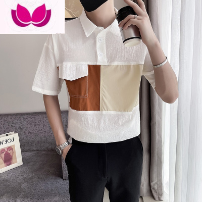 七斓夏季短袖t恤男士衬衫领潮牌撞色痞帅高级感男装设计感半袖polo衫