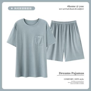 睡衣男夏季加肥加大码螺纹冰丝短袖短裤年轻简约大方家居服可外穿