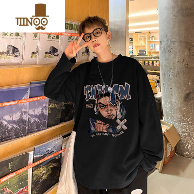 YANXU日系卡通长袖t恤男士早秋季大码圆领卫衣潮牌美式复古打底衫