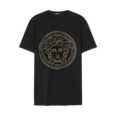 Versace男款黑金刺绣Medusa头像水晶点缀圆领短袖T恤