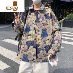 YANXU高街设计感满印小熊夹克衫男士痞帅小众潮流宽松帅气翻领休闲外套