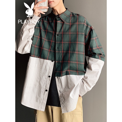 花花公子2021新款拼色衬衫长袖宽松外穿韩版潮流衬衣男士秋季外套