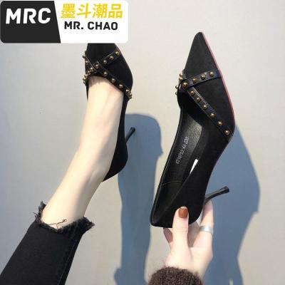 2020新款百搭网红小清新少女黑色时尚铆钉高跟鞋细跟尖头单鞋墨斗潮品休闲鞋