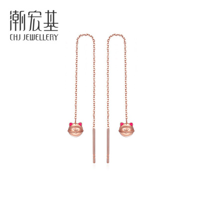 潮宏基FUN趣-猫18K金耳钉耳环玫瑰金彩金耳饰单只款FQ红色-0.55g/单只