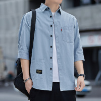 棉质衬衫男七分袖短袖全棉工装纯色宽松痞帅中袖衬衣