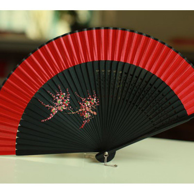 精品女扇日式和风扇竹柄折扇手绘扇舞蹈扇旗袍扇大红色三维工匠酒红色16号色手绘桃花扇子