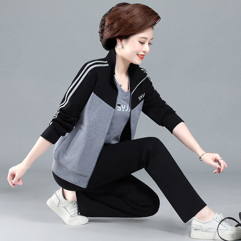 权小威 妈妈运动服套装春秋50岁中老年女春装外套中年妇女上衣休闲三