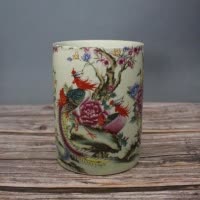 美帮汇同治粉彩富贵花鸟笔筒家居装饰展柜书房办公摆件仿古做旧收藏