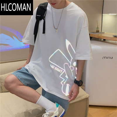 HLCOMAN短袖男潮牌夏季卡通动漫t恤潮流宽松港风五分ins反光印花半袖衣服