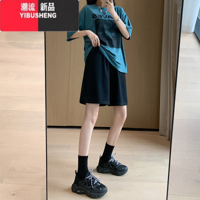 YIBUSHENG运动短裤女季薄款2024新款大码宽松灰色休闲中裤阔腿5五分裤子
