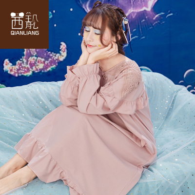 茜靓宫廷睡裙女秋季长款公主纯棉睡衣蕾丝长袖性感家居服韩版可爱