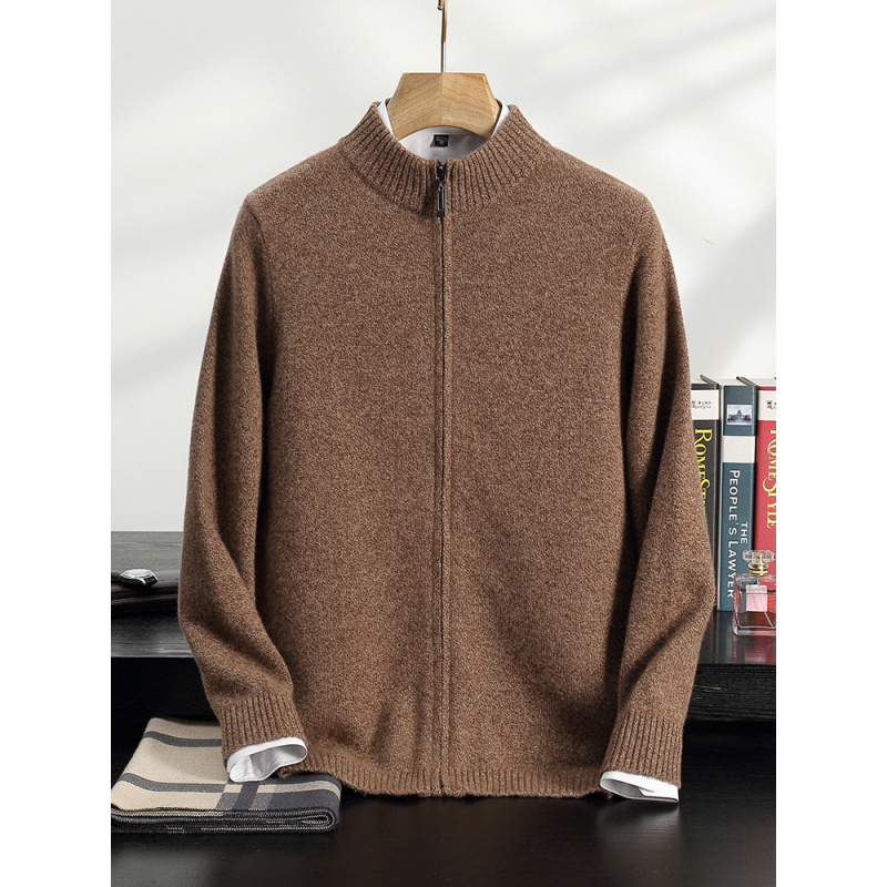 羊绒开衫男士山羊绒衫秋冬新款四平加厚拉链半高立领毛衣宽松外套