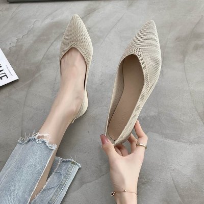 枫述飞织单鞋女尖头2021夏季新款百搭平底浅口一脚蹬豆豆鞋软底布鞋