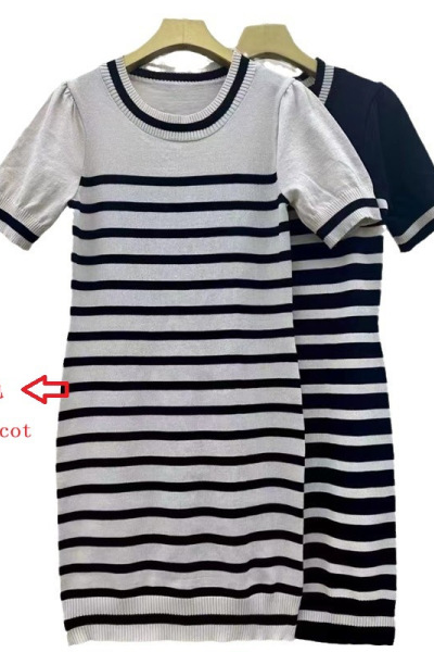 夏季条纹小香风针织短袖连衣裙女修身T恤裙子显瘦气质甜辣包臀裙