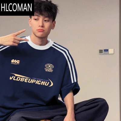 HLCOMAN美式潮流设计感字母三条杠短袖T恤男夏季高街宽松条纹打字衫上衣