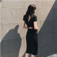 春夏新款韩版ins包臀裙性感中长款开叉短袖露背打底连衣裙女