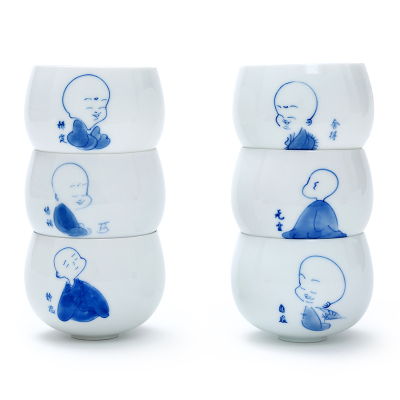 常生源功夫茶杯陶瓷品茗杯手绘茶具套装单杯主人杯6款图案各一个禅心（小和尚）茶杯6只装