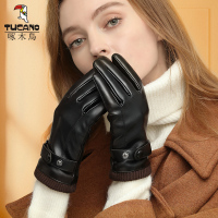 啄木鸟皮手套女冬季骑车加绒加厚防水防风触屏冬天骑行电动车保暖