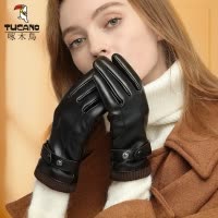 啄木鸟皮手套女冬季骑车加绒加厚防水防风触屏冬天骑行电动车保暖