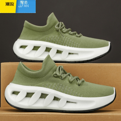 聚范男鞋秋季透气网面飞织一脚蹬运动鞋跑步轻便厚底防滑休闲袜子潮鞋