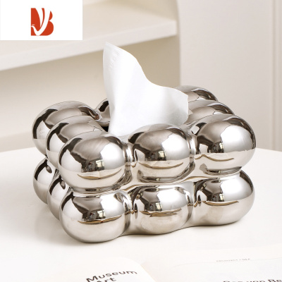 三维工匠奶油风棉花糖纸巾盒摆件现代轻奢家用客厅创意茶几陶瓷抽纸盒 新款棉花糖陶瓷纸巾盒[银色]