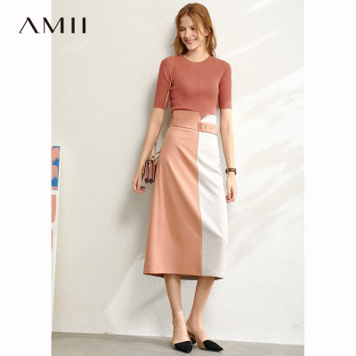Amii极简优雅高腰直筒撞色半身裙2020秋新款时尚配腰带中长裙子女