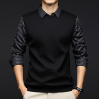 时尚假两件翻领套头长袖T恤韩版春秋款休闲潮流韩男士打底衫