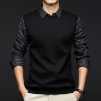 时尚假两件翻领套头长袖T恤韩版春秋款休闲潮流韩男士打底衫